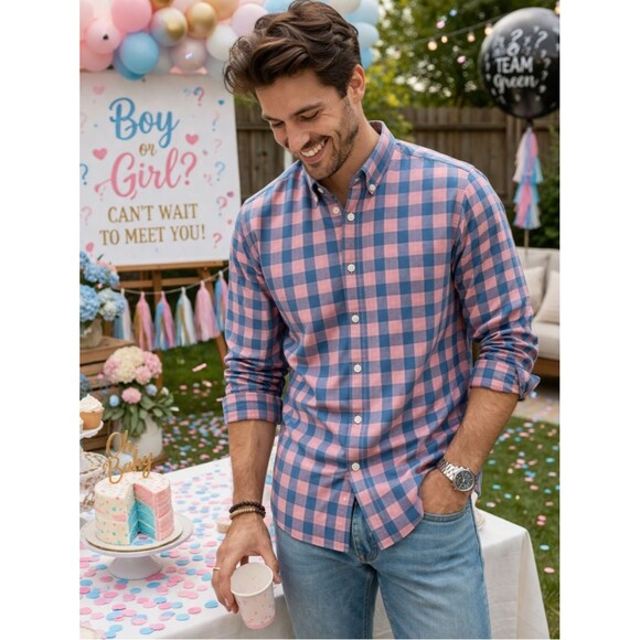 J. Crew Factory Other - J Crew Shirt Mens M Blue Slim Fit‎ Button Down Plaid Baby Pink Check Colorful